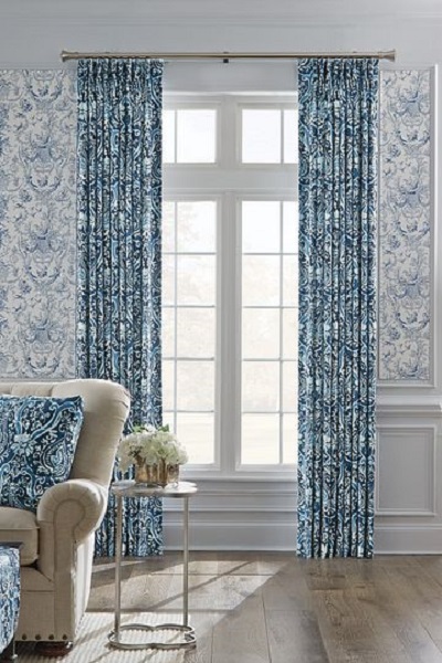 blue drapes in a sunny living room
